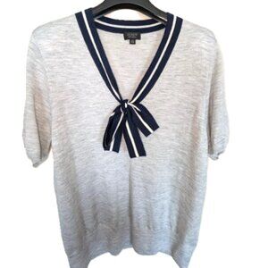 NWOT J Crew Cashmere Sweater in Heather Gray Tie Neck with Blue and White Bow